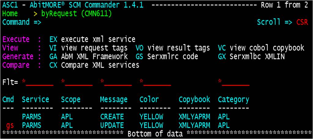 Initiate SERXMLRC REXX code generation for XML service PARMS / APPL / UPDATE